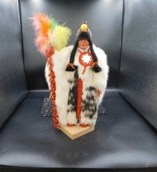 15" Native Art Indigenous White Fur Wrapped Warrior, Hand Carved Bird Headpiece, Feathered Staff, Wood Stand